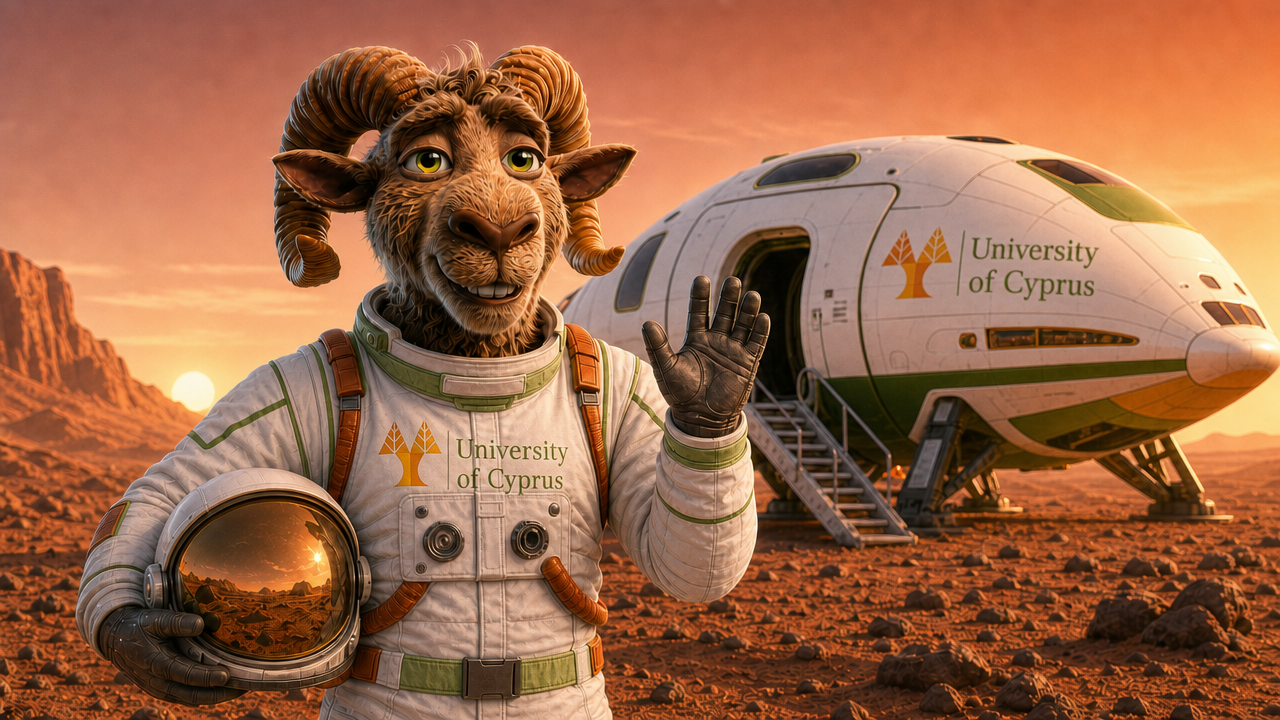 Kyp, the Kyprium ram, in a University of Cyprus spacesuit